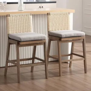 LukeAlon Woven Linen Counter Stools Set of 2, 27.25" Seat Height Low Barstools with Solid Wood Legs Mid Century Kitchen Stools Square Rope Back with Footrest Indoor, Grey