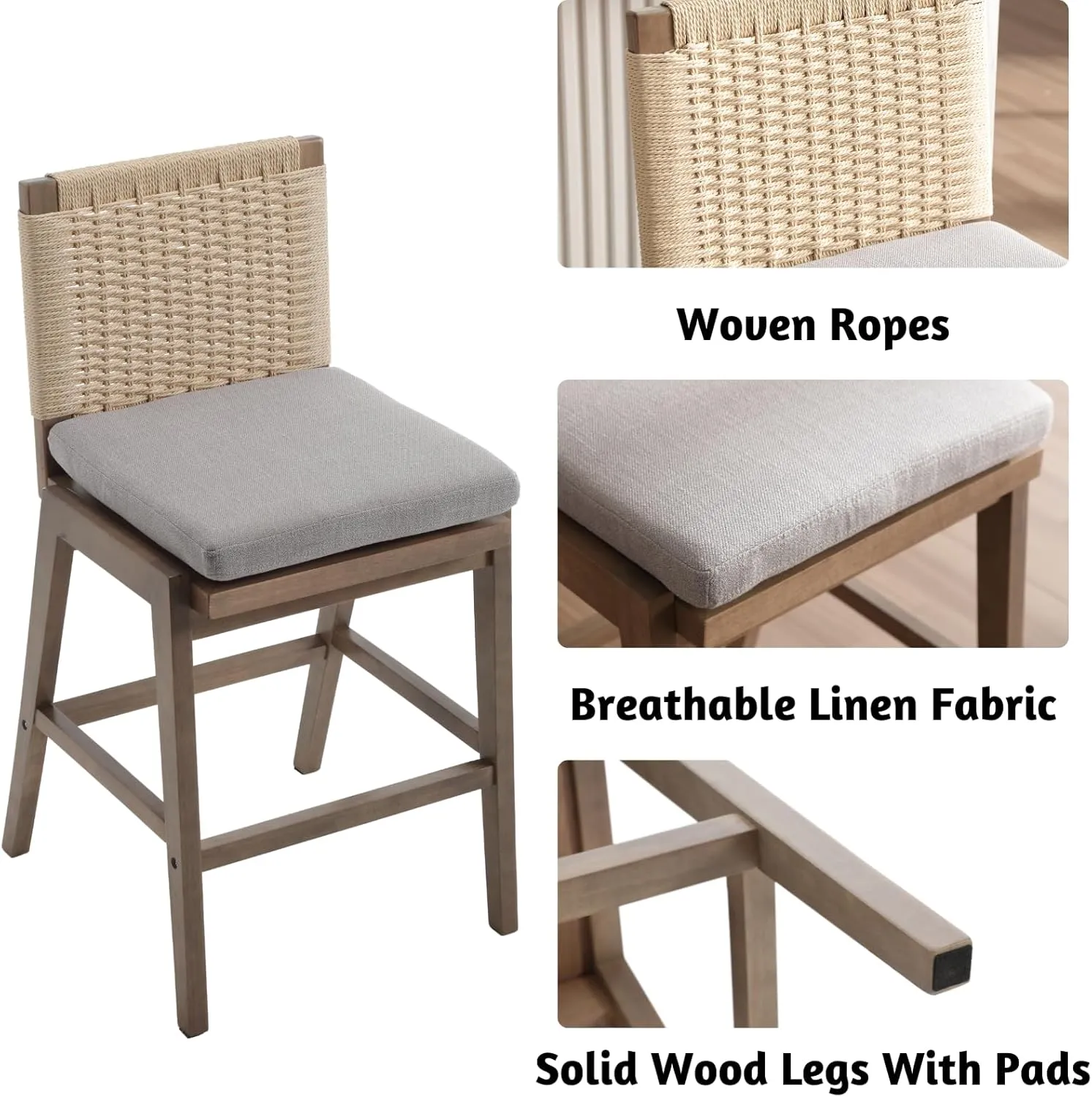 LukeAlon Woven Linen Counter Stools Set of 2, 27.25" Seat Height Low Barstools with Solid Wood Legs Mid Century Kitchen Stools Square Rope Back with Footrest Indoor, Grey
