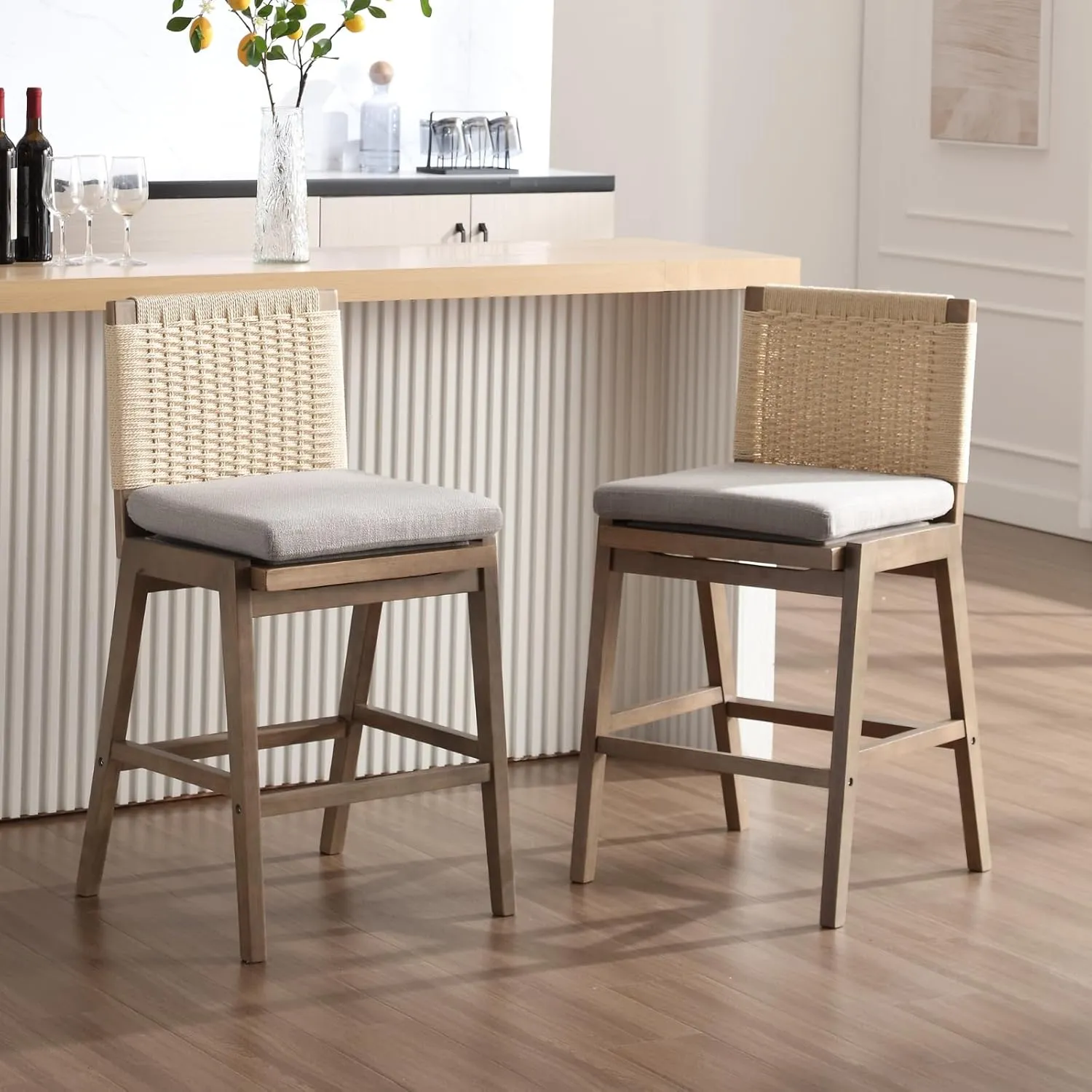 LukeAlon Woven Linen Counter Stools Set of 2, 27.25" Seat Height Low Barstools with Solid Wood Legs Mid Century Kitchen Stools Square Rope Back with Footrest Indoor, Grey