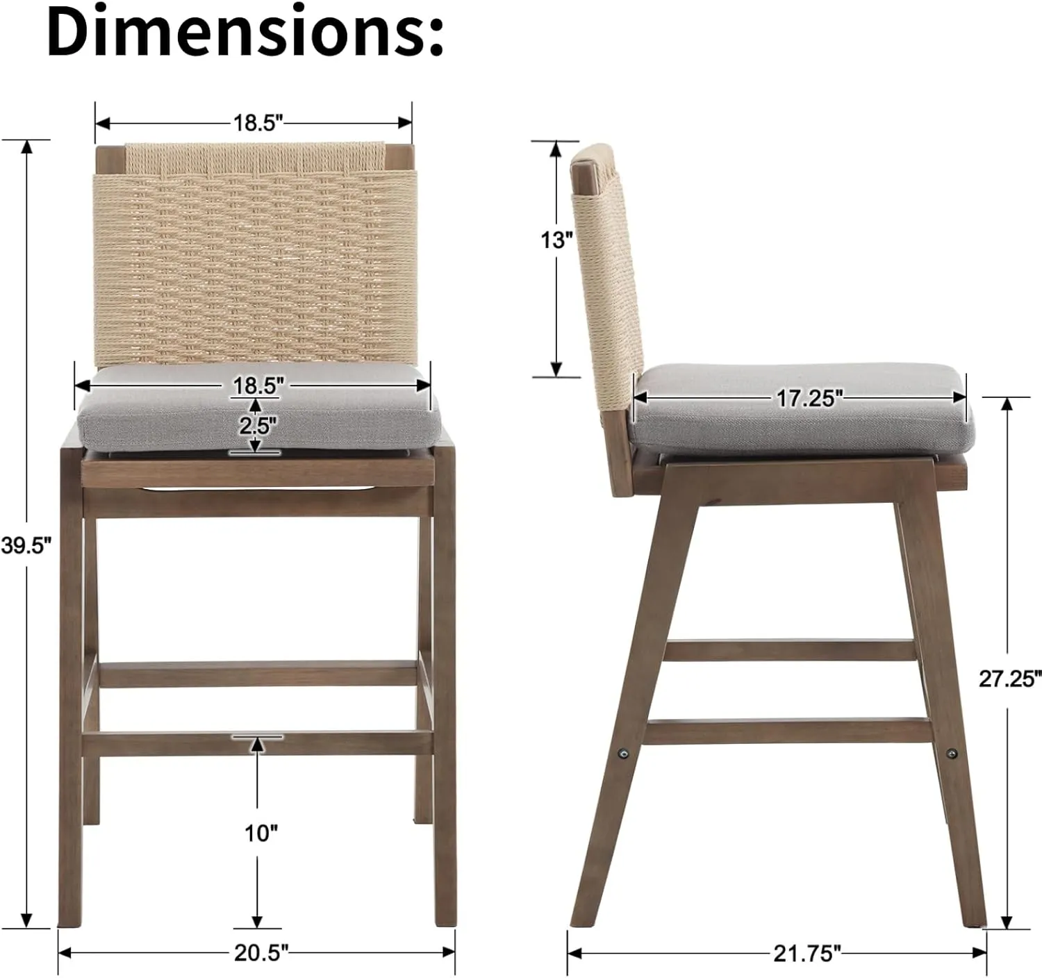 LukeAlon Woven Linen Counter Stools Set of 2, 27.25" Seat Height Low Barstools with Solid Wood Legs Mid Century Kitchen Stools Square Rope Back with Footrest Indoor, Grey