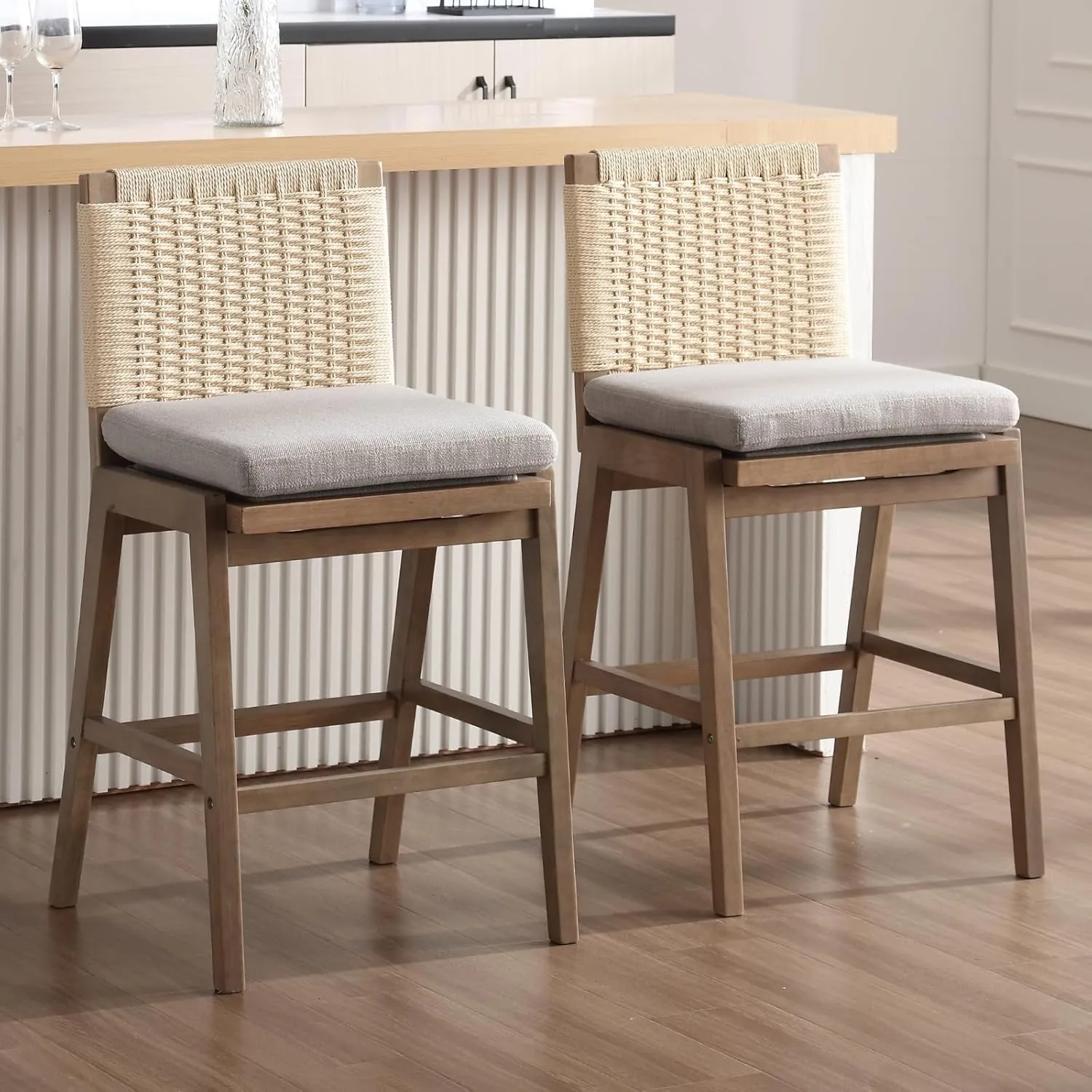 LukeAlon Woven Linen Counter Stools Set of 2, 27.25" Seat Height Low Barstools with Solid Wood Legs Mid Century Kitchen Stools Square Rope Back with Footrest Indoor, Grey