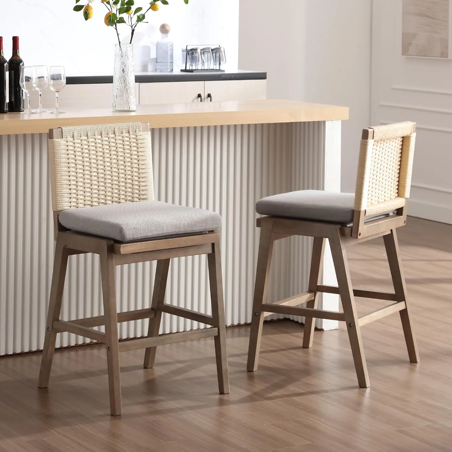 LukeAlon Woven Linen Counter Stools Set of 2, 27.25" Seat Height Low Barstools with Solid Wood Legs Mid Century Kitchen Stools Square Rope Back with Footrest Indoor, Grey