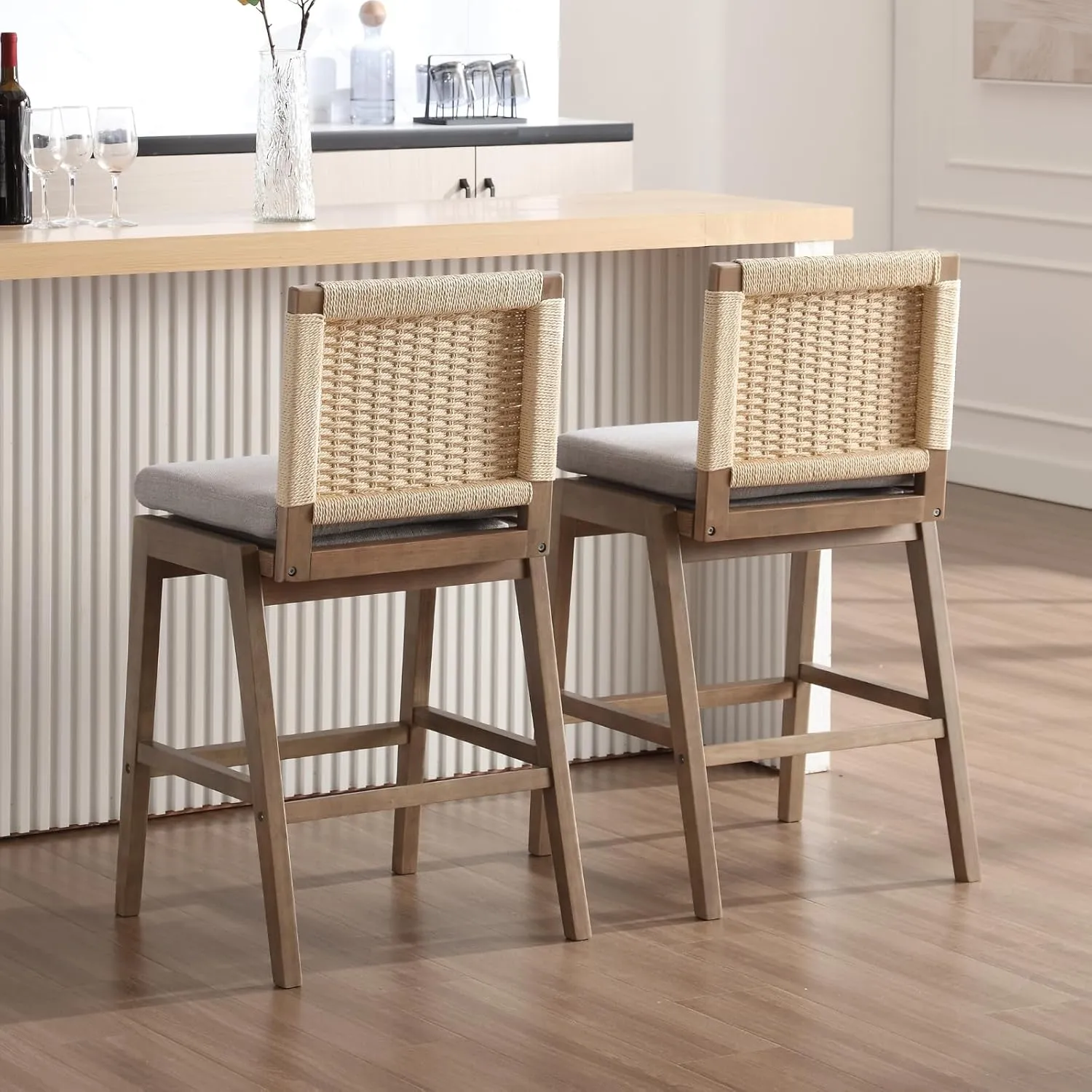 LukeAlon Woven Linen Counter Stools Set of 2, 27.25" Seat Height Low Barstools with Solid Wood Legs Mid Century Kitchen Stools Square Rope Back with Footrest Indoor, Grey