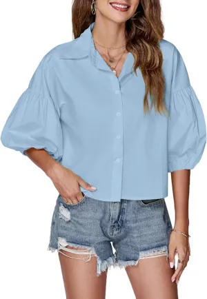 LYANER Women's Collar V Neck Button Down Lantern Short Sleeve Blouse Crop Top Shirt