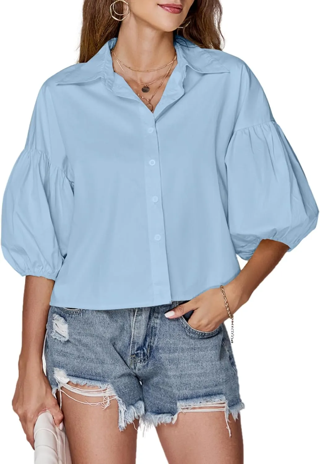 LYANER Women's Collar V Neck Button Down Lantern Short Sleeve Blouse Crop Top Shirt