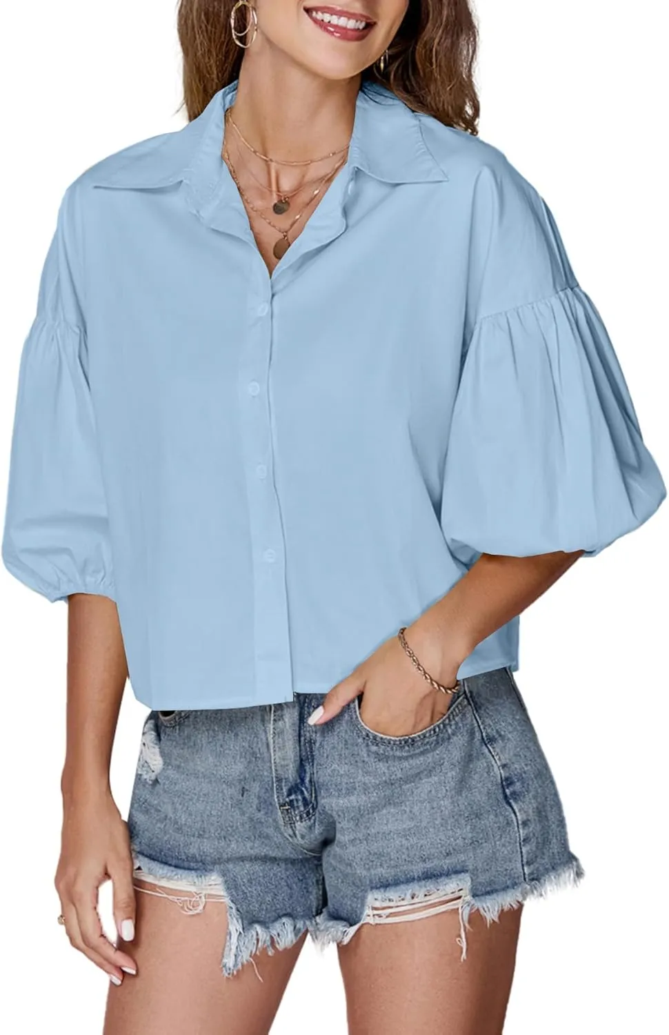 LYANER Women's Collar V Neck Button Down Lantern Short Sleeve Blouse Crop Top Shirt