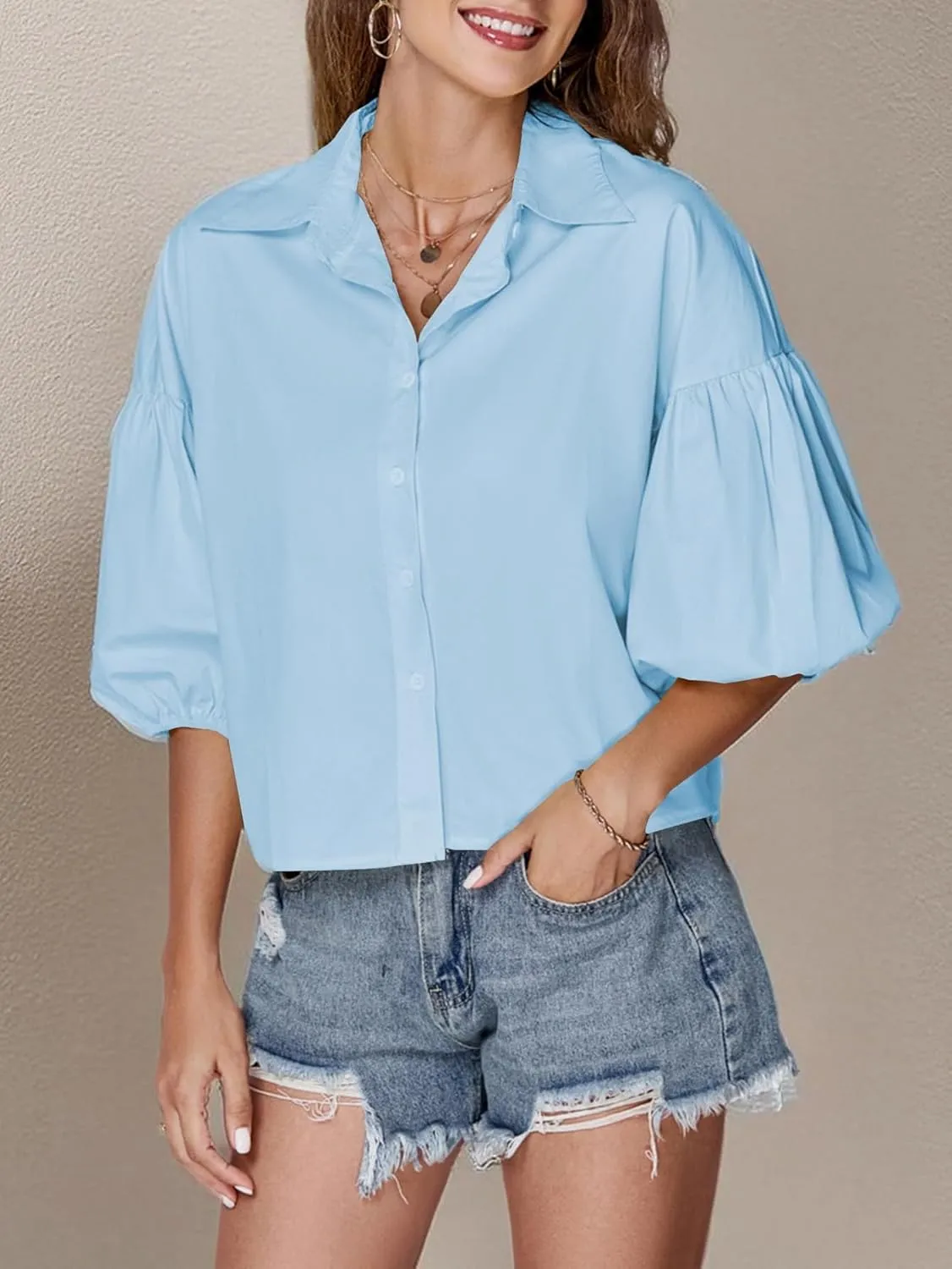 LYANER Women's Collar V Neck Button Down Lantern Short Sleeve Blouse Crop Top Shirt