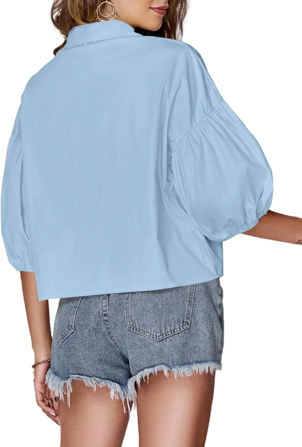 LYANER Women's Collar V Neck Button Down Lantern Short Sleeve Blouse Crop Top Shirt