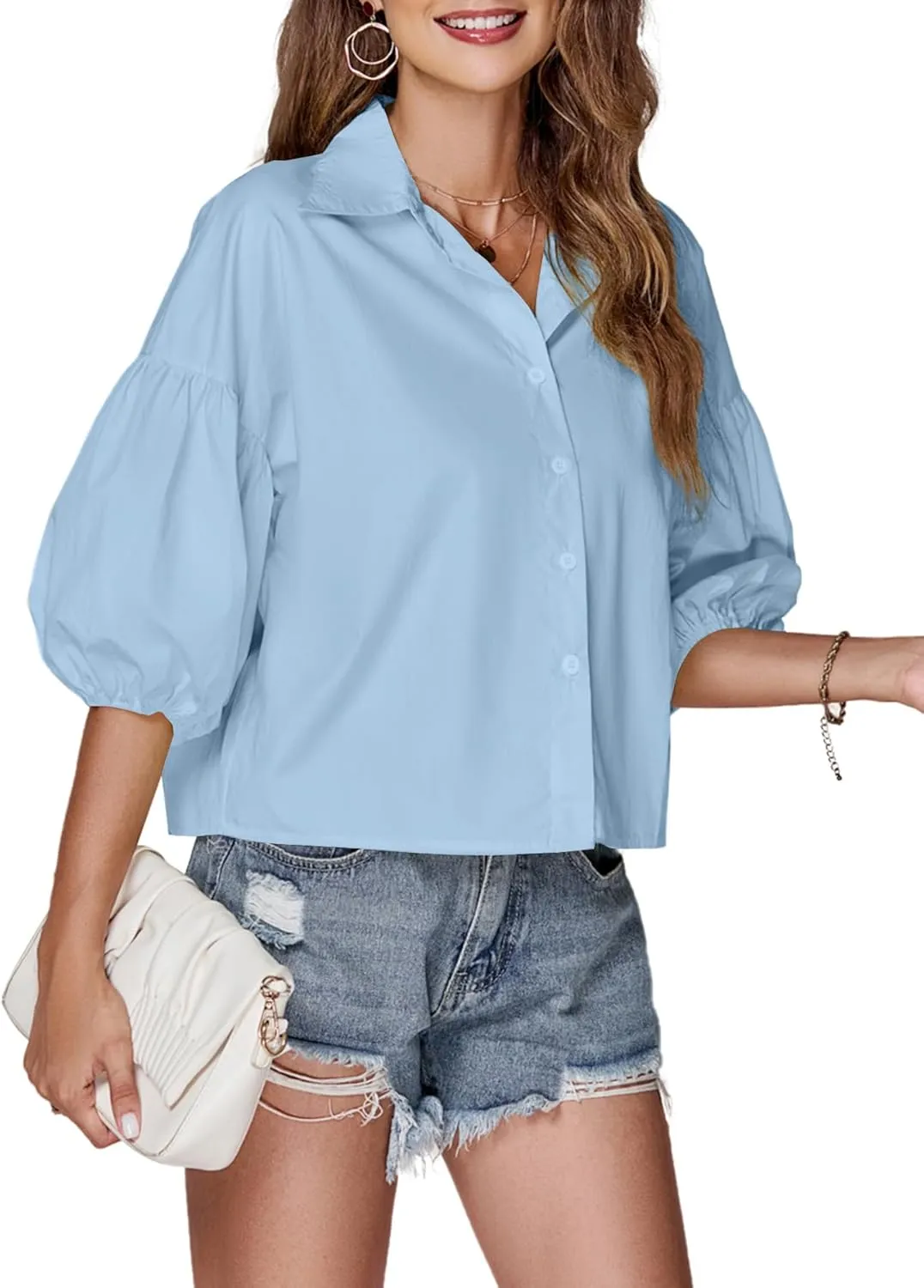 LYANER Women's Collar V Neck Button Down Lantern Short Sleeve Blouse Crop Top Shirt