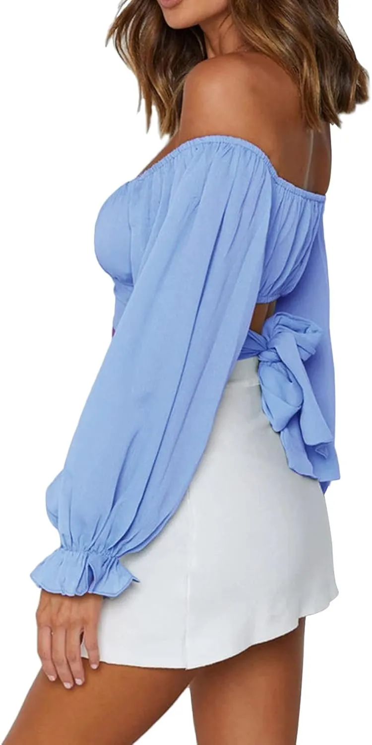 LYANER Women's Cute Off Shoulder Long Sleeve Self Tie Knot Crop Tube Top Blouse
