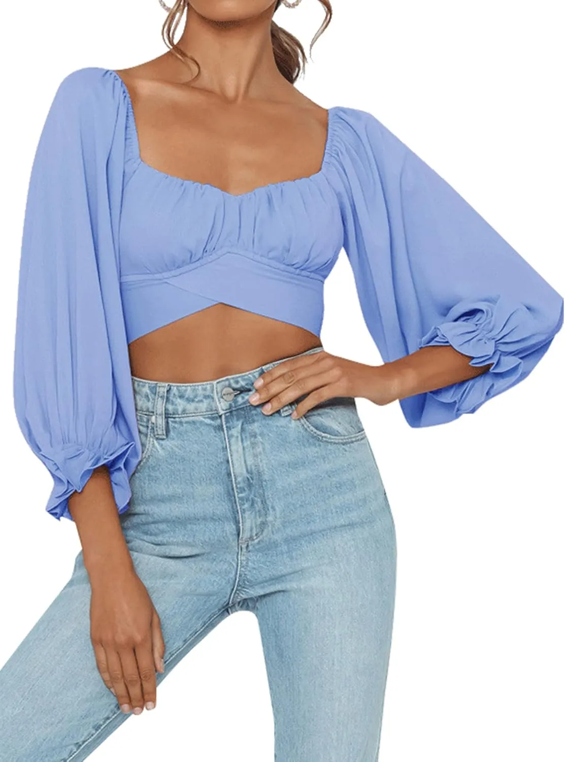 LYANER Women's Cute Off Shoulder Long Sleeve Self Tie Knot Crop Tube Top Blouse