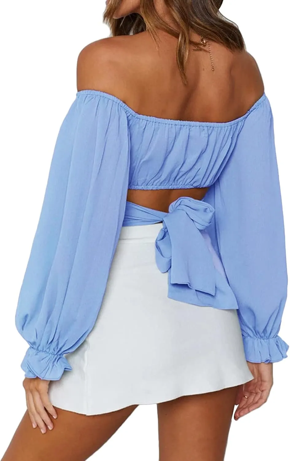 LYANER Women's Cute Off Shoulder Long Sleeve Self Tie Knot Crop Tube Top Blouse