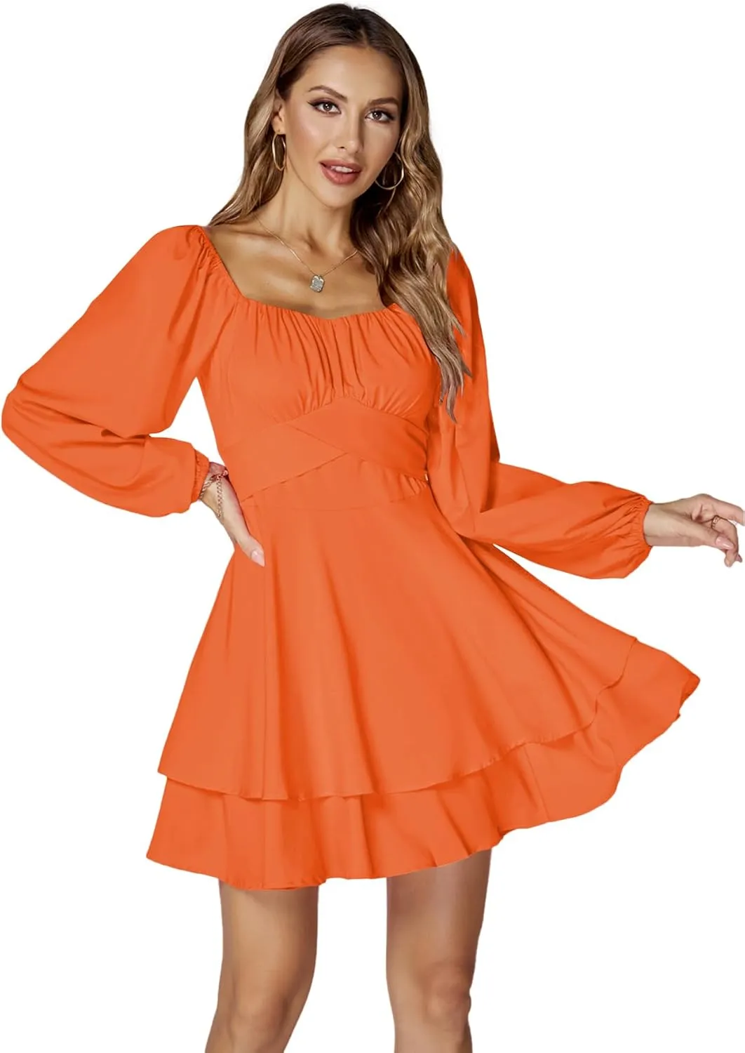 LYANER Women's Lantern Long Sleeve Wrap Tie Back Square Neck Double Layer Ruffle Hem A Line Short Mini Dress