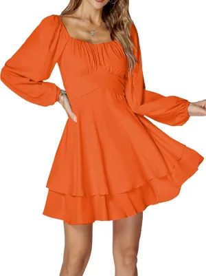 LYANER Women's Lantern Long Sleeve Wrap Tie Back Square Neck Double Layer Ruffle Hem A Line Short Mini Dress