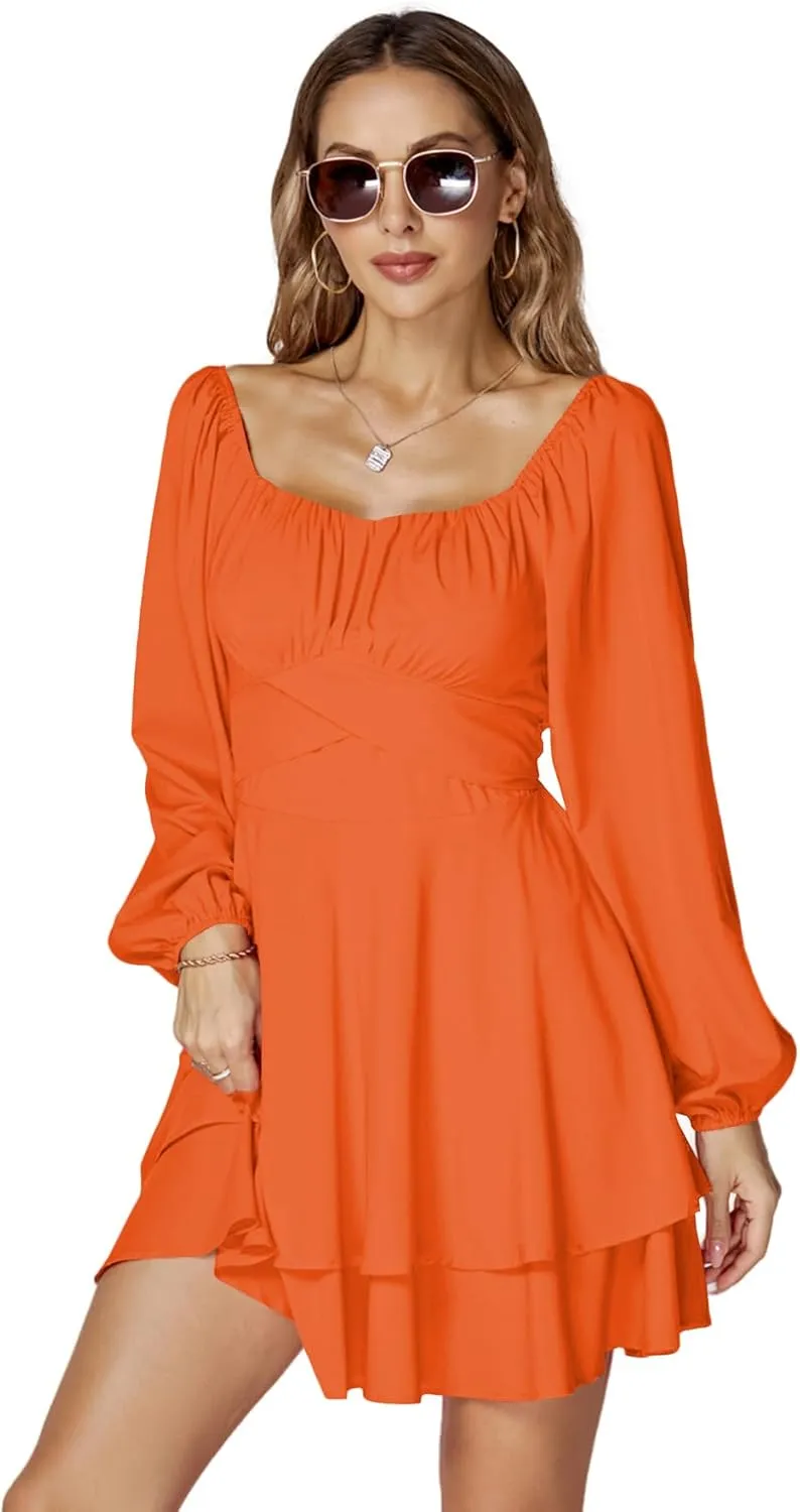 LYANER Women's Lantern Long Sleeve Wrap Tie Back Square Neck Double Layer Ruffle Hem A Line Short Mini Dress