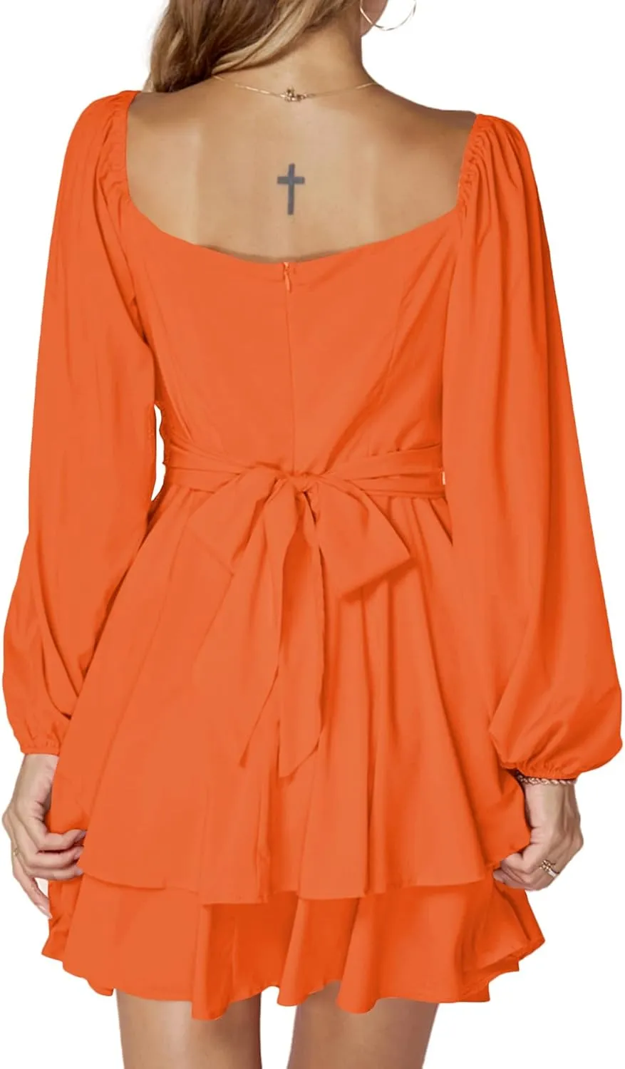 LYANER Women's Lantern Long Sleeve Wrap Tie Back Square Neck Double Layer Ruffle Hem A Line Short Mini Dress