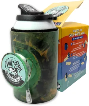 Made in USA | Fishing Can Cooler from Shark Tank | Hard Shell Drink Holder with Hand Line Reel | Fits Most Can Sleeves or Coozies | Unique Fishing Gift for Men | Shrinkwrapped | Camo