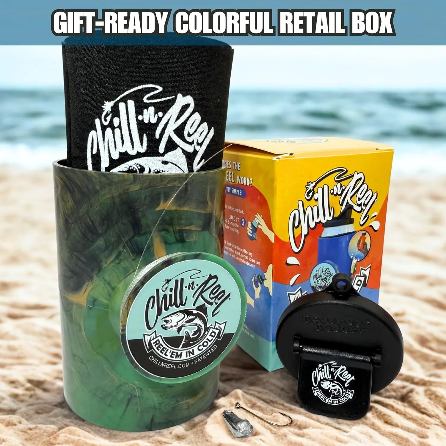 Made in USA | Fishing Can Cooler from Shark Tank | Hard Shell Drink Holder with Hand Line Reel | Fits Most Can Sleeves or Coozies | Unique Fishing Gift for Men | Shrinkwrapped | Camo