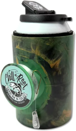 Made in USA | Fishing Can Cooler from Shark Tank | Hard Shell Drink Holder with Hand Line Reel | Fits Most Can Sleeves or Coozies | Unique Fishing Gift for Men | Shrinkwrapped | Camo