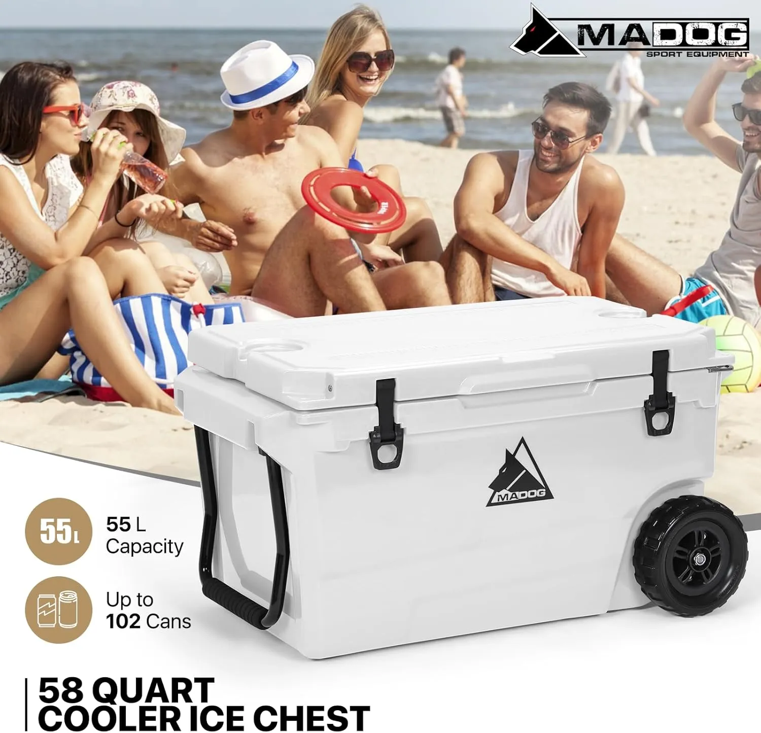 MADOG Cooler with Wheels, Leak-Proof Rolling Hard Cooler for 5-7 Days Ice Retention, LLDPE Wheeled Coolers, Ideal for Fishing, Camping, Boating and Traveling