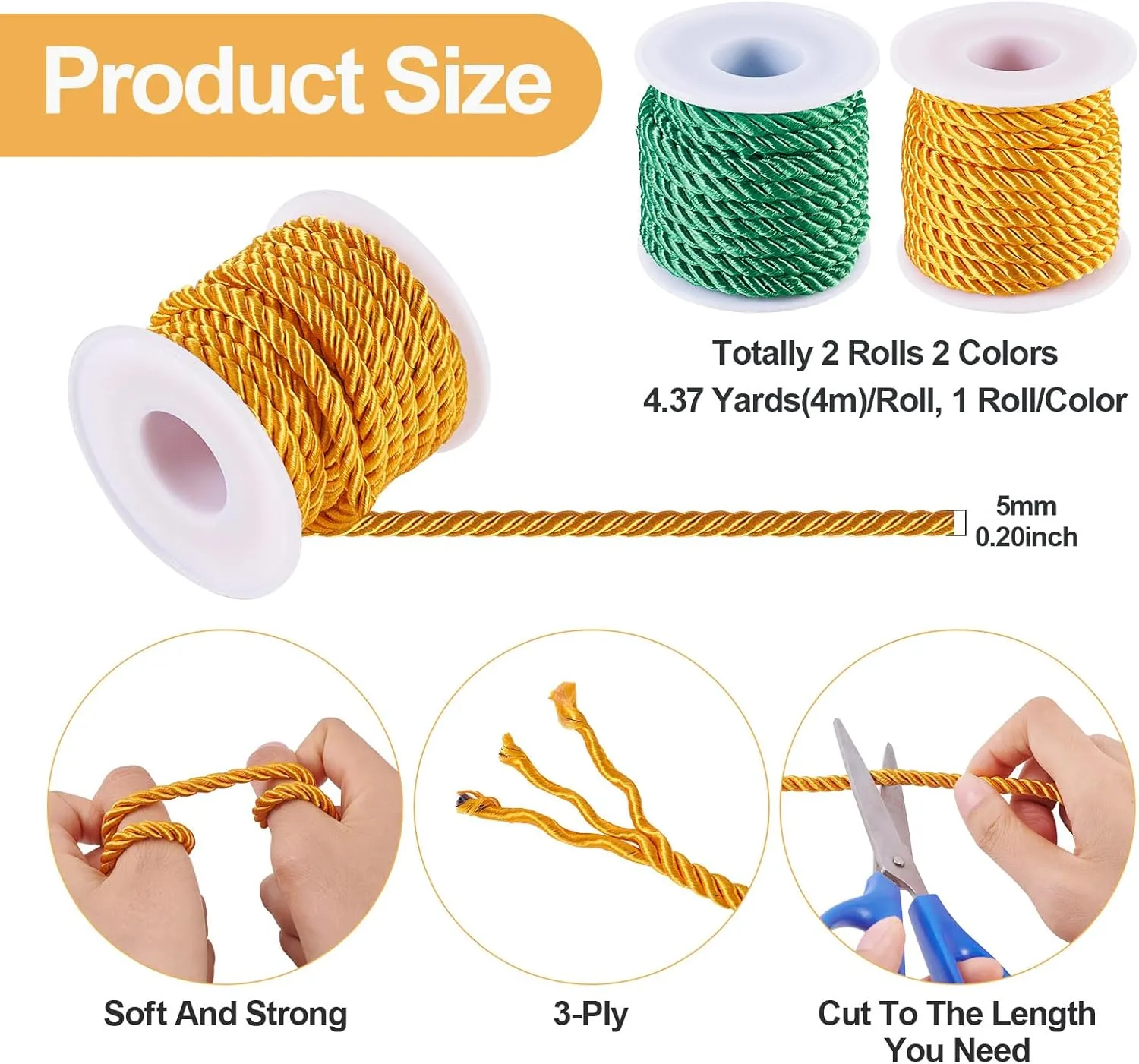 Magibeads 5mm Twisted Polyester Cords 4.37 Yards x 2 Rolls Green Christmas Cords Braided Rope Macrame Cord Threads for Hanging Ornaments Handbag Strap Wrapping Crafts DIY