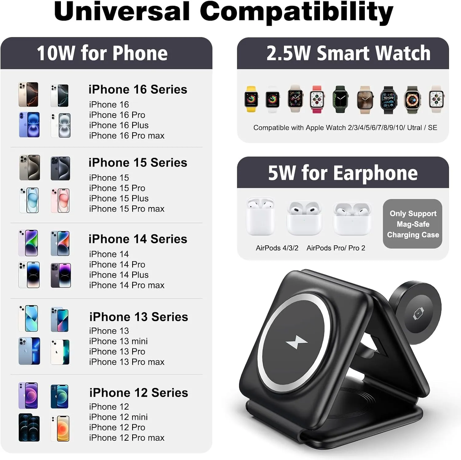 Magnetic Wireless Charger for iPhone: Fodable 3 in 1 Charging Station for Multiple Apple Devices - Travel Charging Pad Dock for Apple Watch iPhone 16 15 14 13 12 Pro Max Plus & Airpod