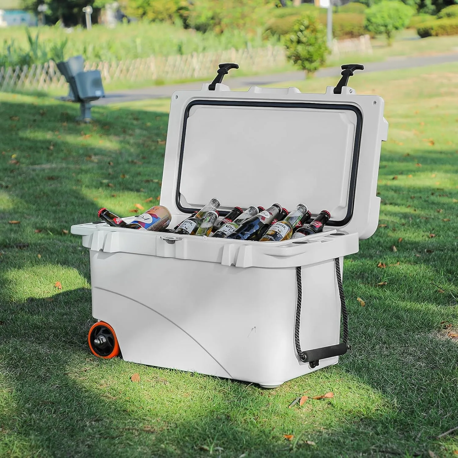 Magshion 45QT Cooler with Wheels, Portable Rolling Hard Cooler with LED Light & Bluetooth Speaker, Storage Up to 5-7 Days, Leak-Proof LLDPE Wheeled Cooler for Picnic and Boating
