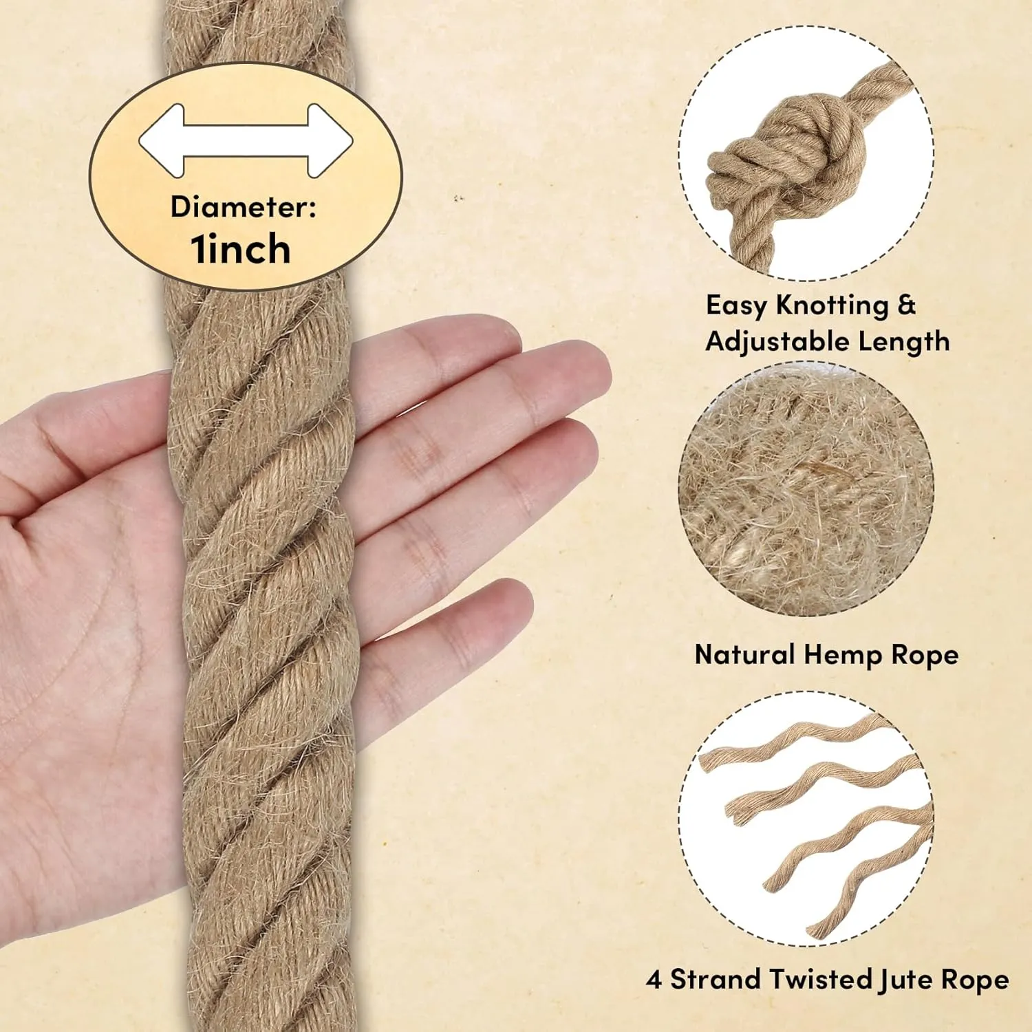 Manila Rope 1 Inch x 200 Feet, Twisted Thick Rope for Landscaping, Crafts, Sporting,Marine, Projects and Tie-Downs