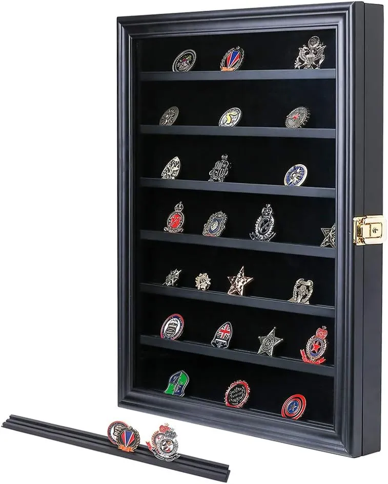 Military Challenge Coin Display Case Lockable Wood Cabinet Rack Holder Black Shadow Box with Removable 2 Grooves Shelves and Anti Fade Real Glass Door for Casino Poker Chips Collectibles