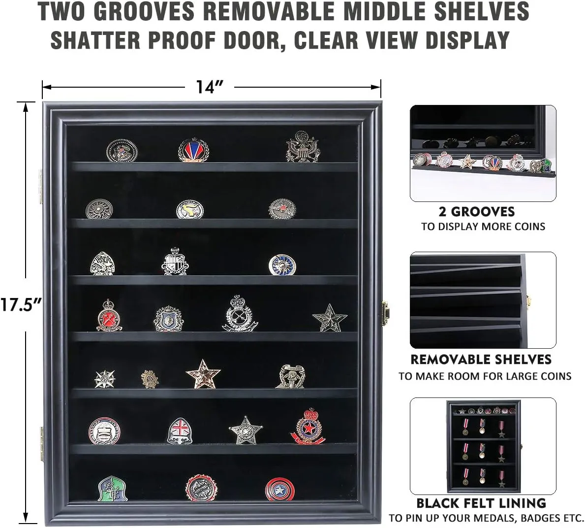 Military Challenge Coin Display Case Lockable Wood Cabinet Rack Holder Black Shadow Box with Removable 2 Grooves Shelves and Anti Fade Real Glass Door for Casino Poker Chips Collectibles