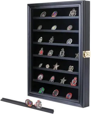 Military Challenge Coin Display Case Lockable Wood Cabinet Rack Holder Black Shadow Box with Removable 2 Grooves Shelves and Anti Fade Real Glass Door for Casino Poker Chips Collectibles