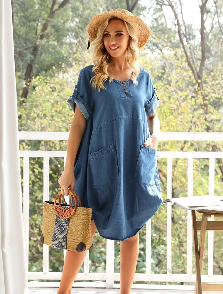 Minibee Women's Ruffle Oversize Casual Midi Dresses with Pockets