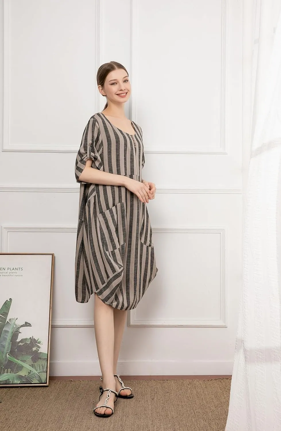Minibee Women's Ruffle Oversize Casual Midi Dresses with Pockets