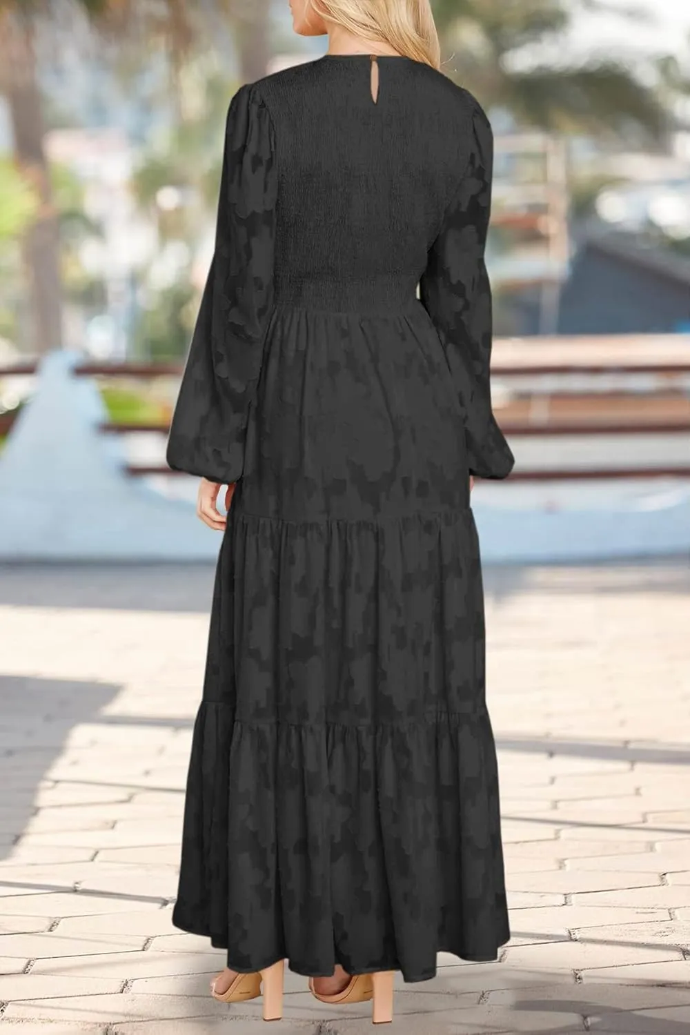 MITILLY Women's Elegant Floral Long Sleeve Round Neck Smocked A-Line Flowy Tiered Maxi Dress with Pockets