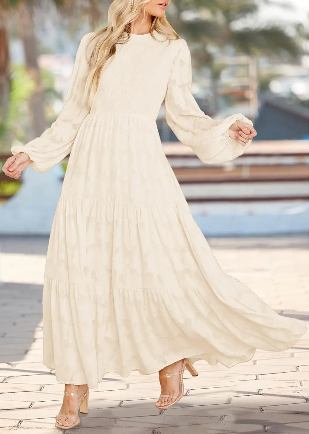 MITILLY Women's Elegant Floral Long Sleeve Round Neck Smocked A-Line Flowy Tiered Maxi Dress with Pockets