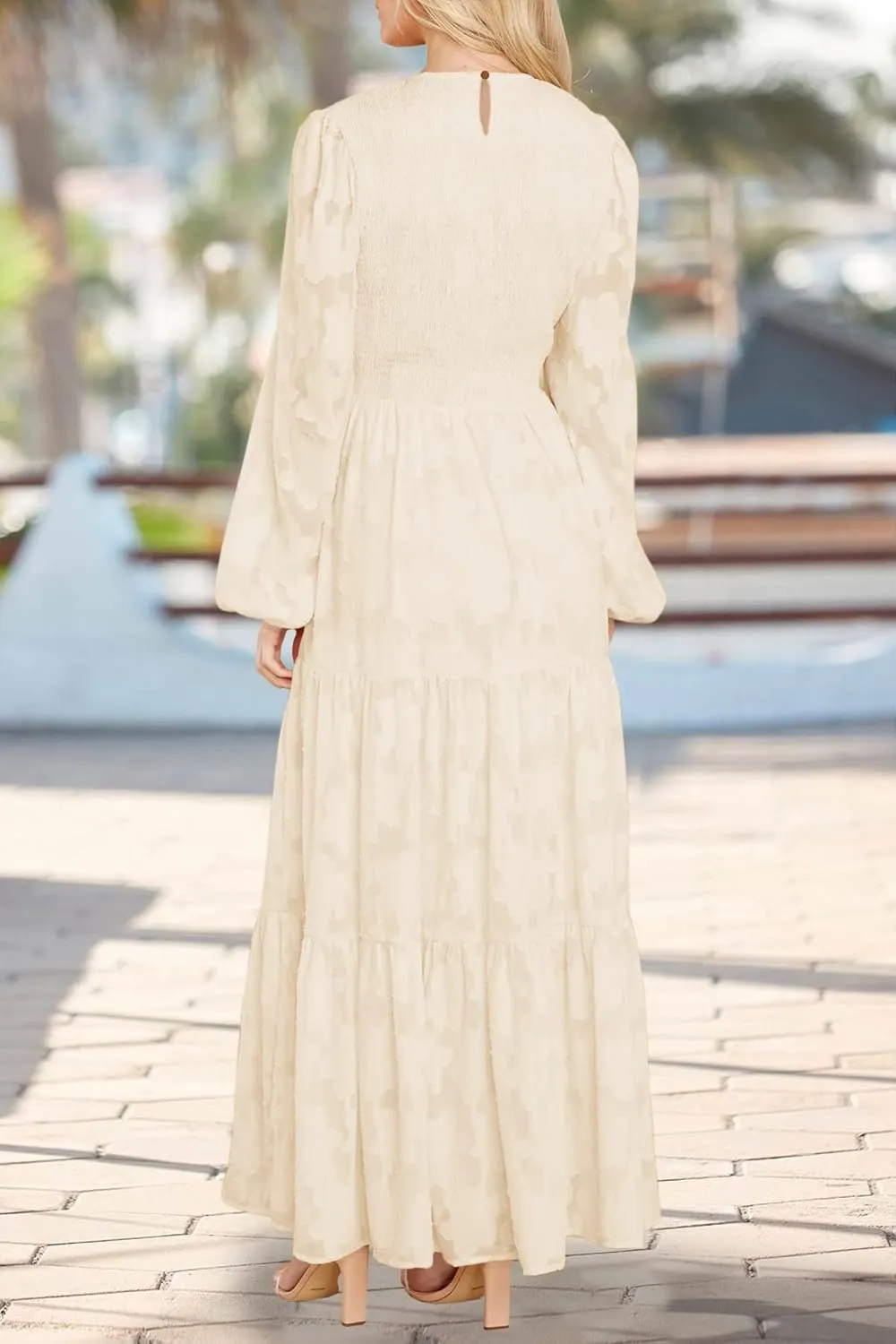 MITILLY Women's Elegant Floral Long Sleeve Round Neck Smocked A-Line Flowy Tiered Maxi Dress with Pockets