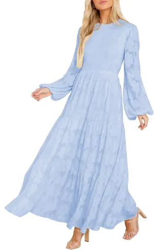 MITILLY Women's Elegant Floral Long Sleeve Round Neck Smocked A-Line Flowy Tiered Maxi Dress with Pockets