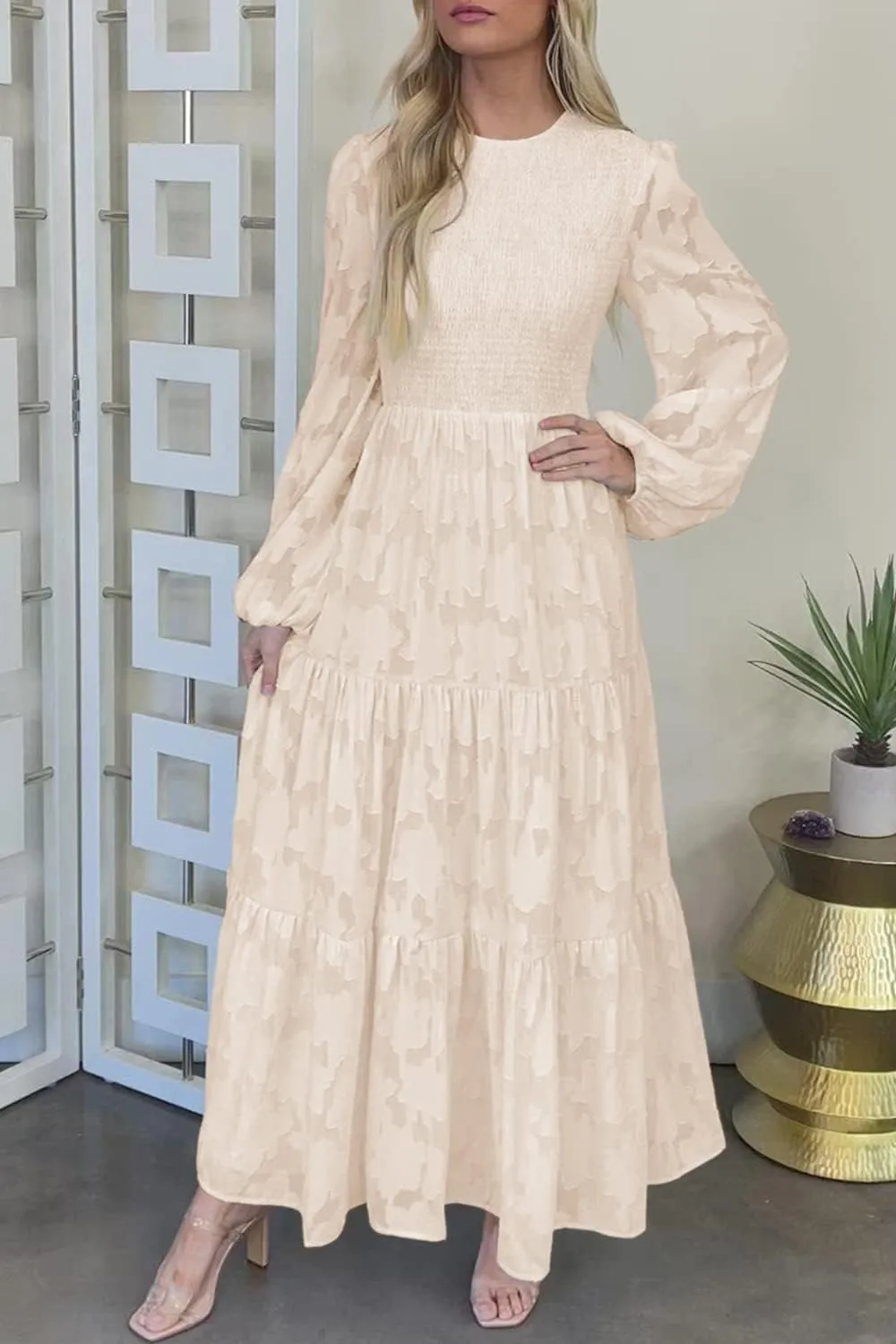 MITILLY Women's Elegant Floral Long Sleeve Round Neck Smocked A-Line Flowy Tiered Maxi Dress with Pockets