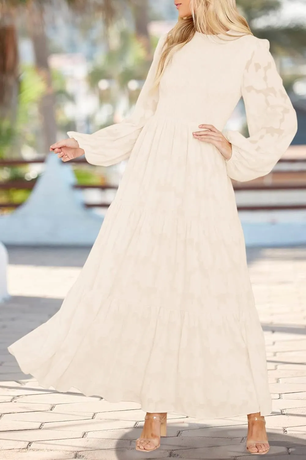 MITILLY Women's Elegant Floral Long Sleeve Round Neck Smocked A-Line Flowy Tiered Maxi Dress with Pockets