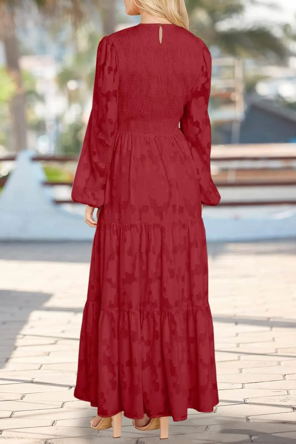 MITILLY Women's Elegant Floral Long Sleeve Round Neck Smocked A-Line Flowy Tiered Maxi Dress with Pockets