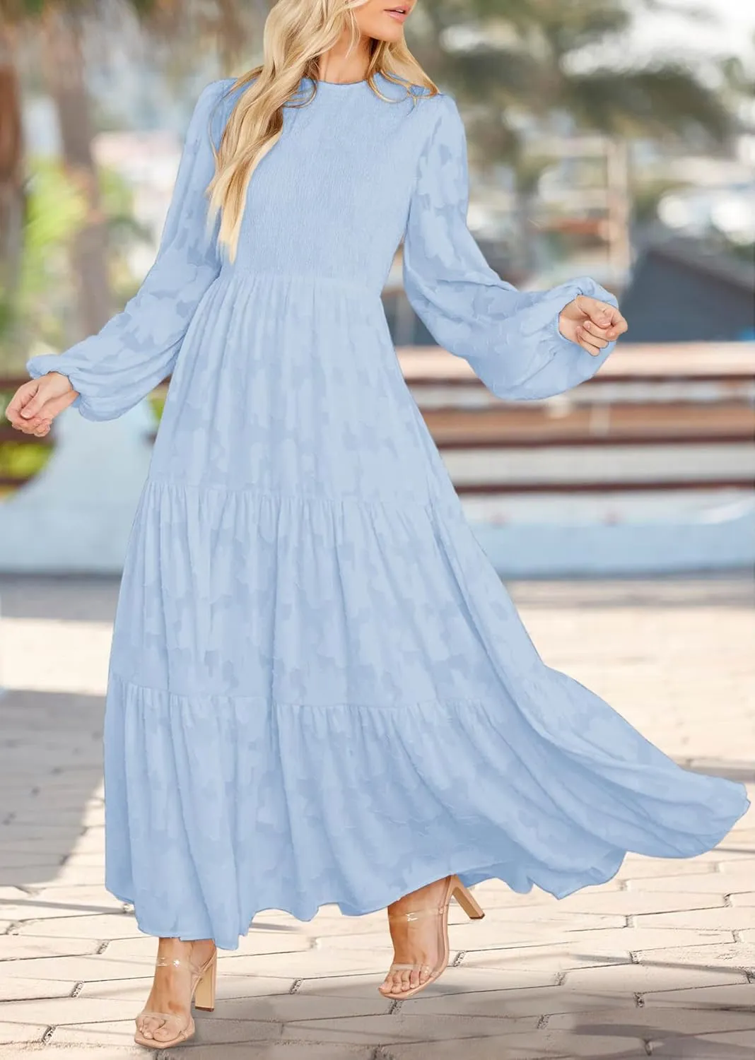 MITILLY Women's Elegant Floral Long Sleeve Round Neck Smocked A-Line Flowy Tiered Maxi Dress with Pockets