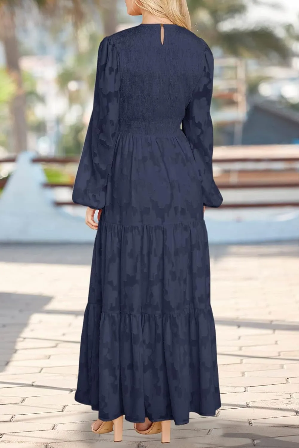 MITILLY Women's Elegant Floral Long Sleeve Round Neck Smocked A-Line Flowy Tiered Maxi Dress with Pockets