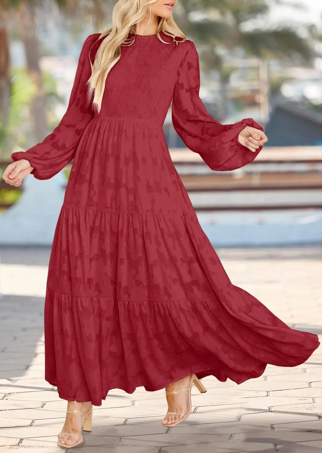 MITILLY Women's Elegant Floral Long Sleeve Round Neck Smocked A-Line Flowy Tiered Maxi Dress with Pockets
