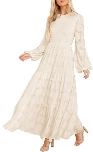 MITILLY Women's Elegant Floral Long Sleeve Round Neck Smocked A-Line Flowy Tiered Maxi Dress with Pockets