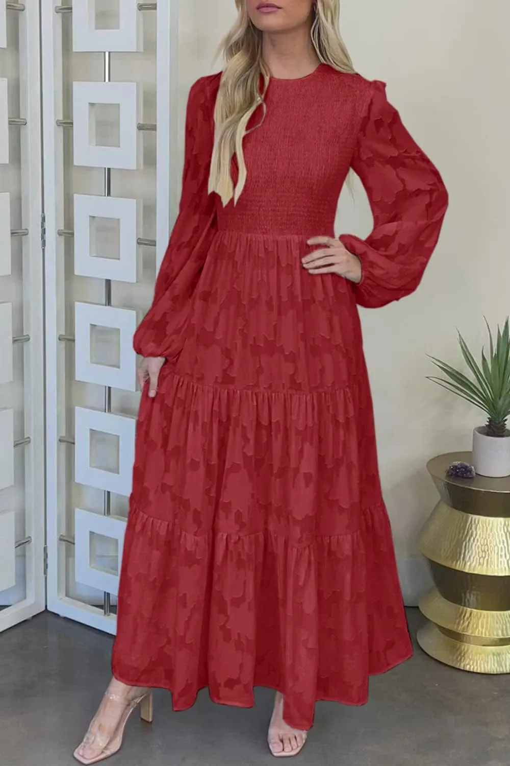 MITILLY Women's Elegant Floral Long Sleeve Round Neck Smocked A-Line Flowy Tiered Maxi Dress with Pockets
