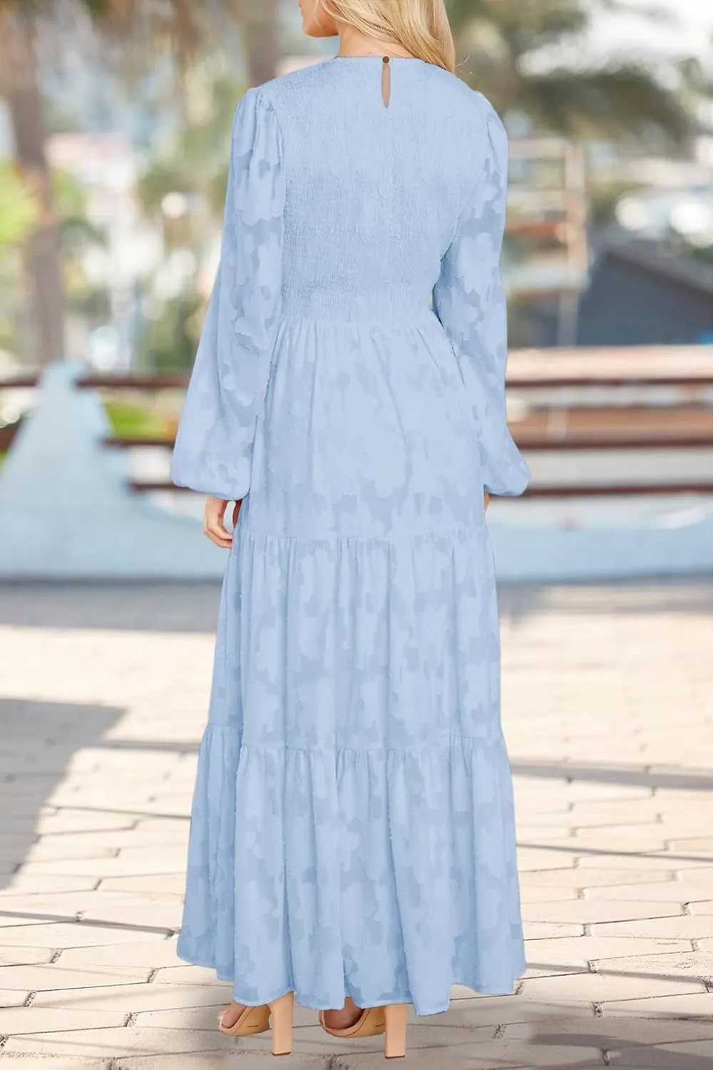 MITILLY Women's Elegant Floral Long Sleeve Round Neck Smocked A-Line Flowy Tiered Maxi Dress with Pockets