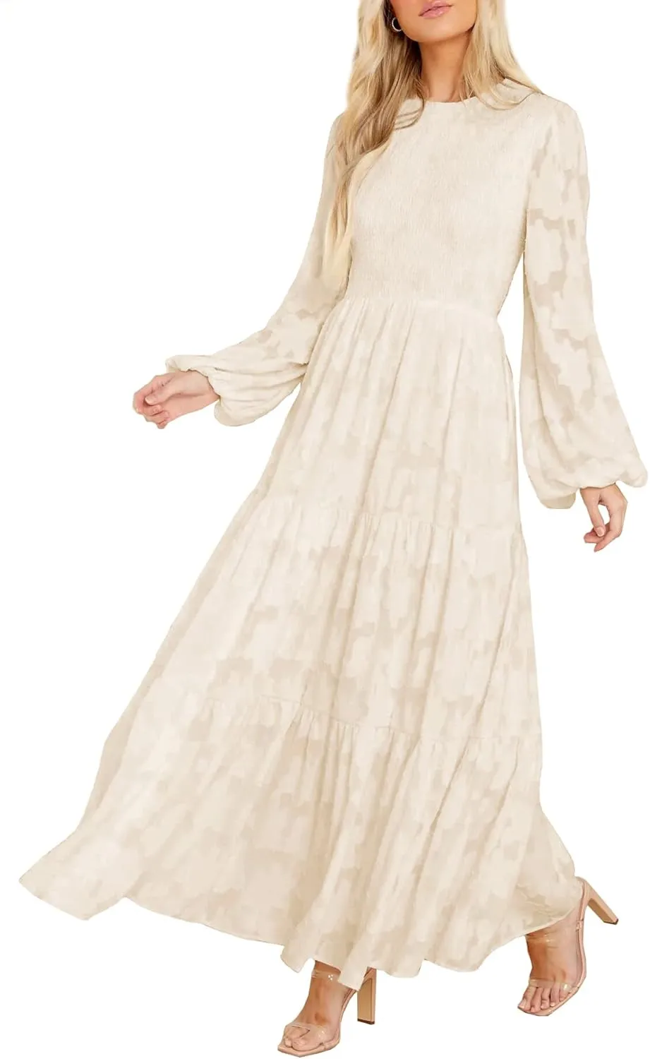 MITILLY Women's Elegant Floral Long Sleeve Round Neck Smocked A-Line Flowy Tiered Maxi Dress with Pockets