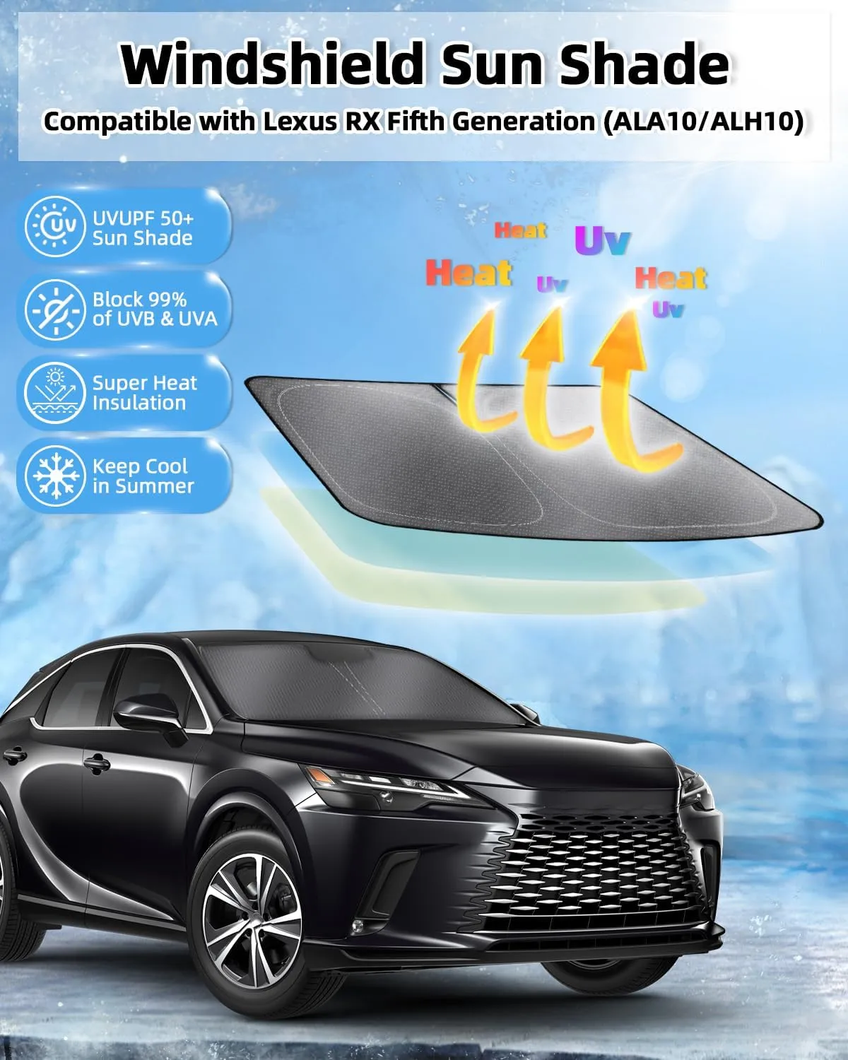 Mixsuper Liner Windshield Sun Shade for Lexus RX 2023 2024 2025, RX350h RX450h Windshield Sunshades for Lexus RX Accessories Foldable Sun Visor Front Window Sun Shades Cover Keep Cool Block UV Heat