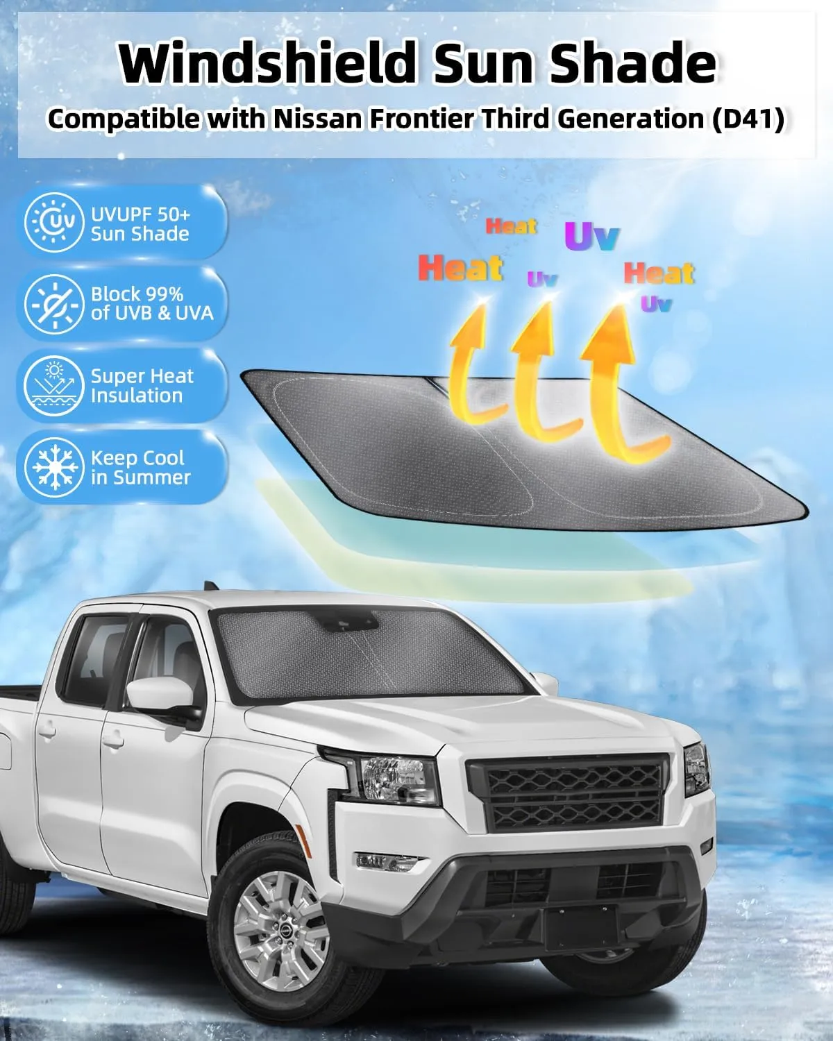 Mixsuper Liner Windshield Sun Shade for Nissan Frontier 2022-2025 Windshield Sunshades for Frontier Accessories Foldable Sun Visor Front Window Sun Shades Cover Keep Cool Block UV Heat