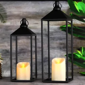 Modern Farmhouse Lanterns Decorative Indoor & Outdoor, 17" 13" Set of 2 Black Vintage Lantern with Flameless Candles, Metal Lantern Decor for Room, Porch, Mantle, Patio, Home Decor